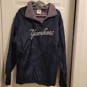 Majestic Blue Bomber Jacket with Contrasting Collar and Yankees Logo